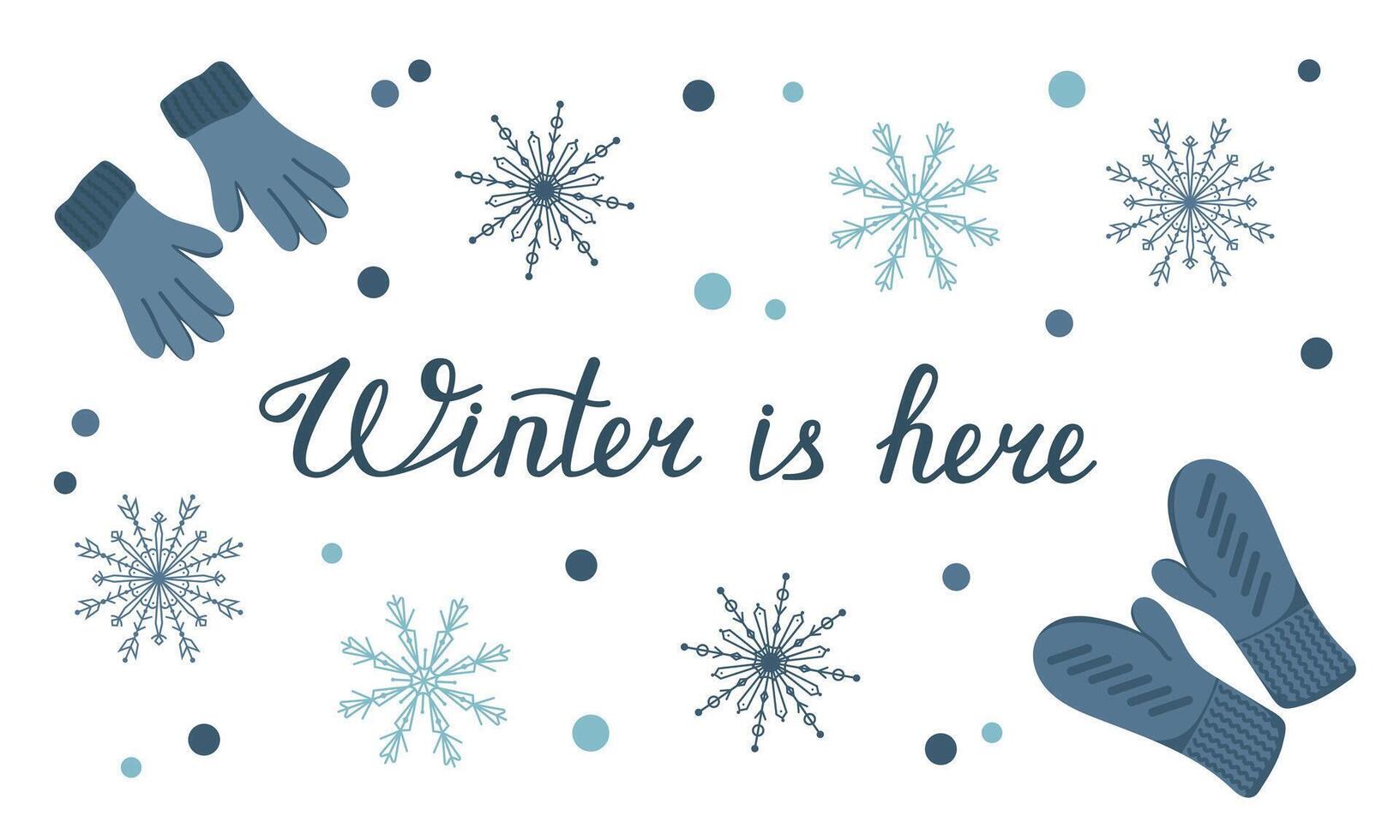 banner with knitted warm mittens and gloves. Set of warm clothes for cold season and snowflakes. Winter sale concept. vector