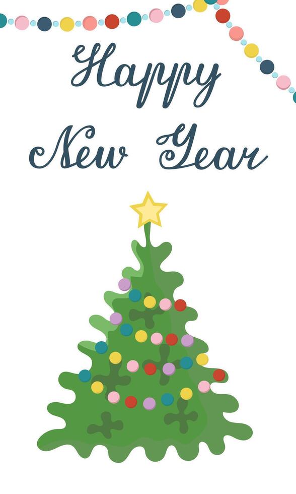 postcard with Christmas tree and garlands. Vertical banner of Happy New Year. Congratulations on winter holidays. vector
