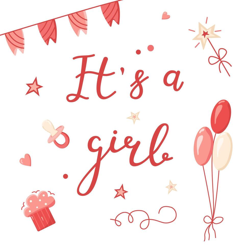 Hand drawn greeting card for the birth of a Girl. invitation card template for baby gender reveal party. Color illustration with balls and flags on a white background. vector