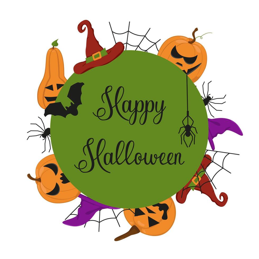postcard with design elements for Halloween. Image of pumpkin with different faces, spider with web and bat. vector