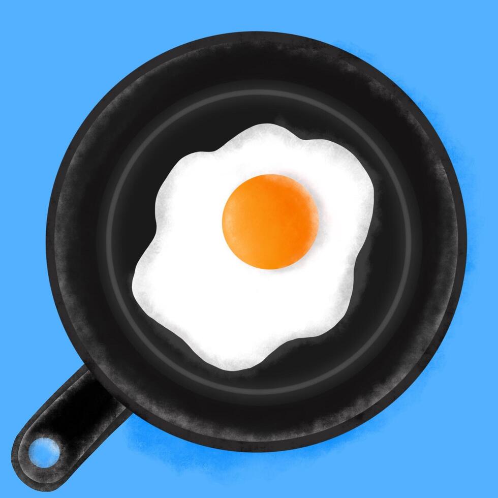 an egg in a frying pan on a blue background photo