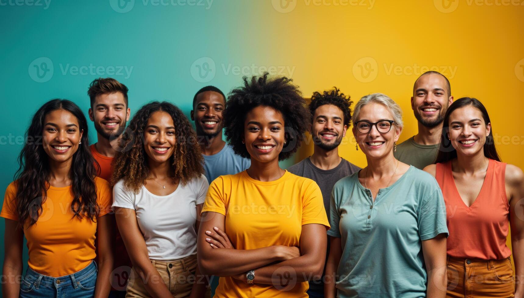 Diverse group of joyful people posing in vibrant studio settings, representing unity and inclusivity. photo