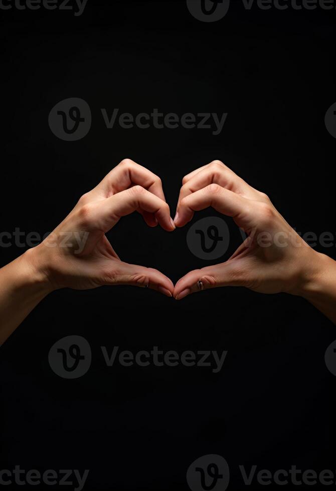 Hands gesture forming heart shape on black background photo