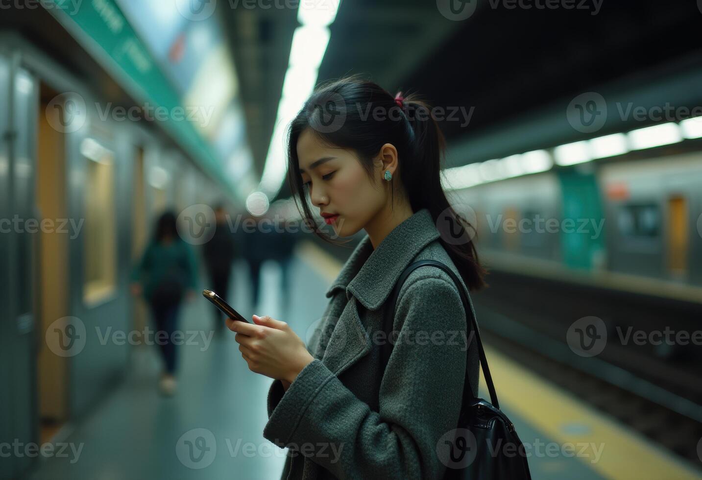 Young asian woman using smartphone in subway station, showcasing modern urban life and digital connectivity. photo