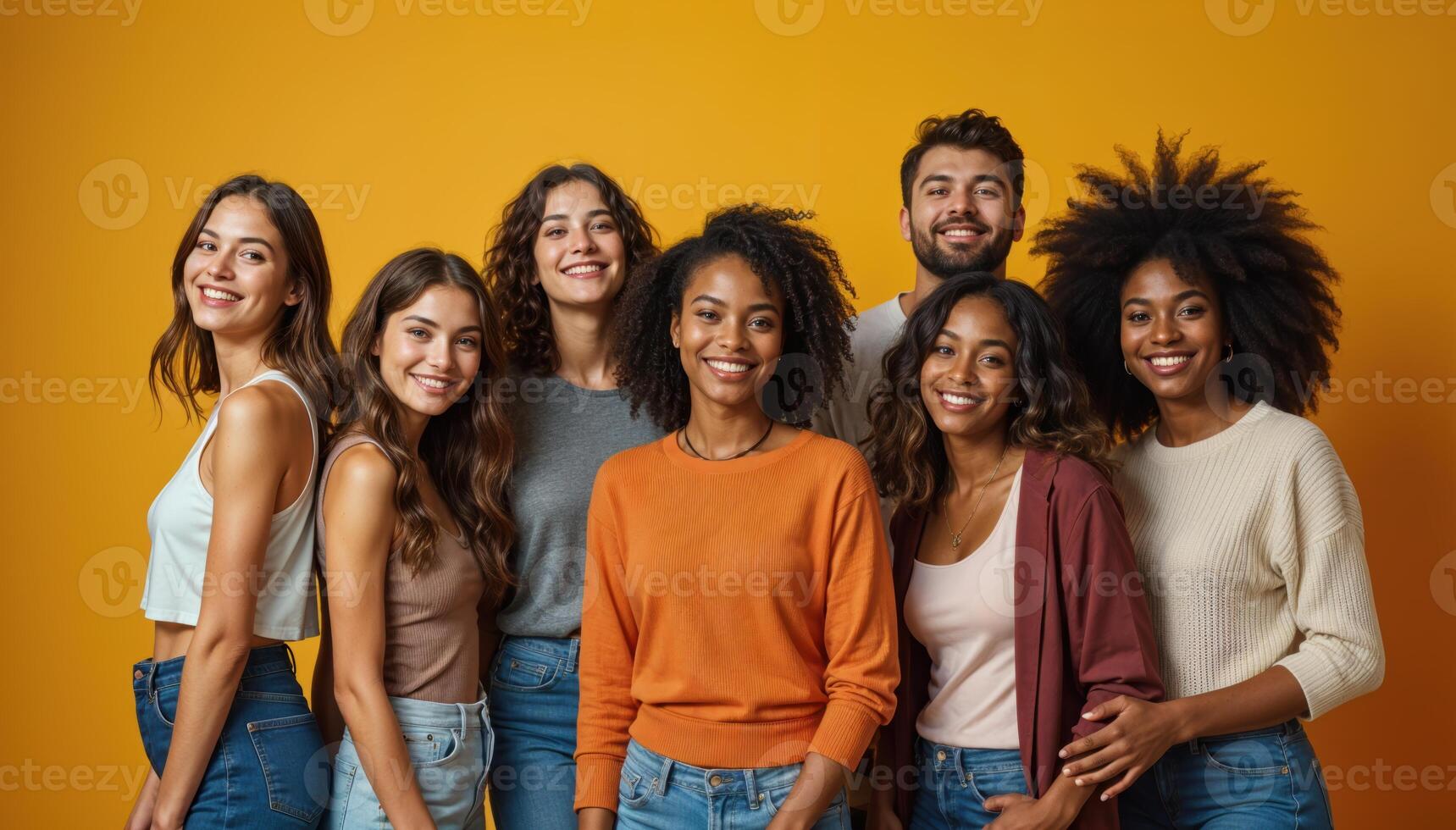 Diverse group of joyful people posing in vibrant studio settings, representing unity and inclusivity. photo