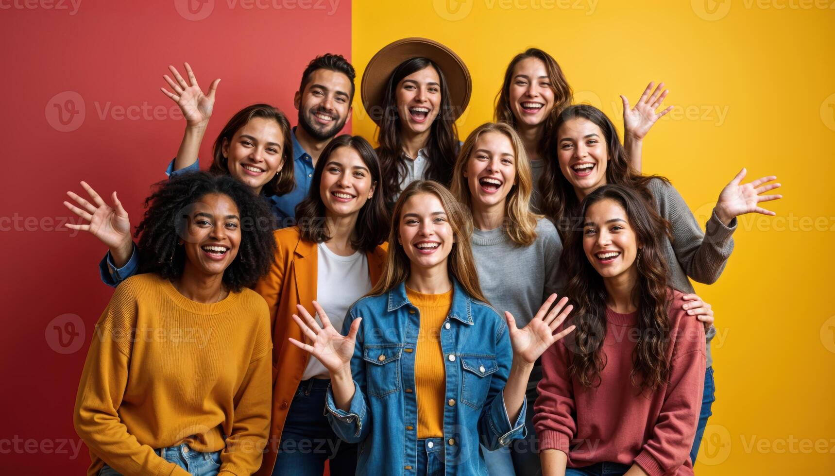Diverse group of joyful people posing in vibrant studio settings, representing unity and inclusivity. photo