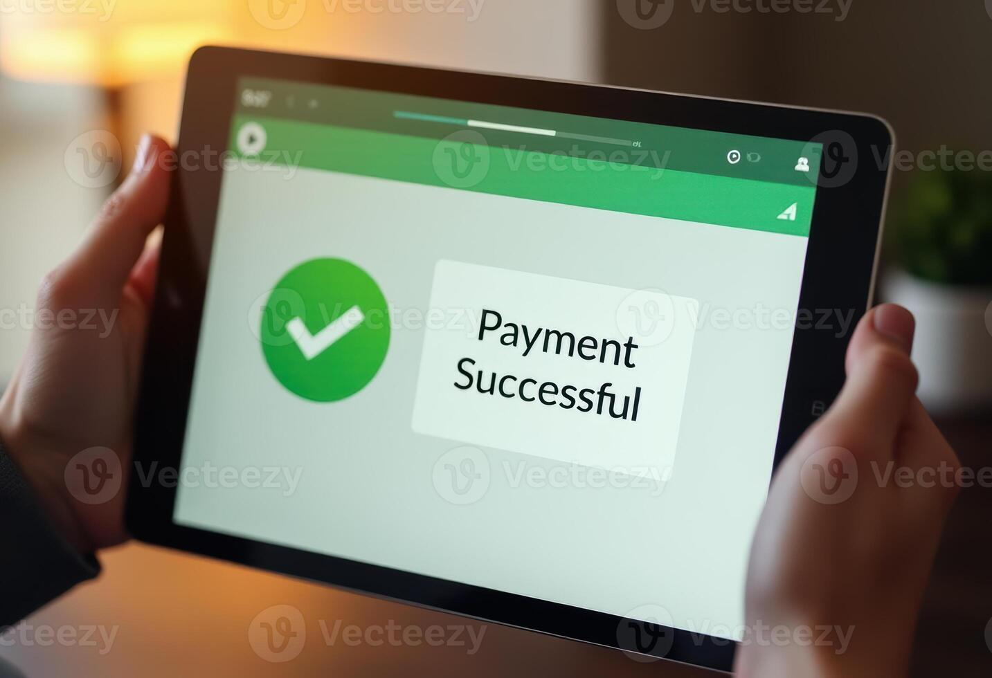 Payment successful confirmation on tablet screen, indicating the completion of an online transaction. photo