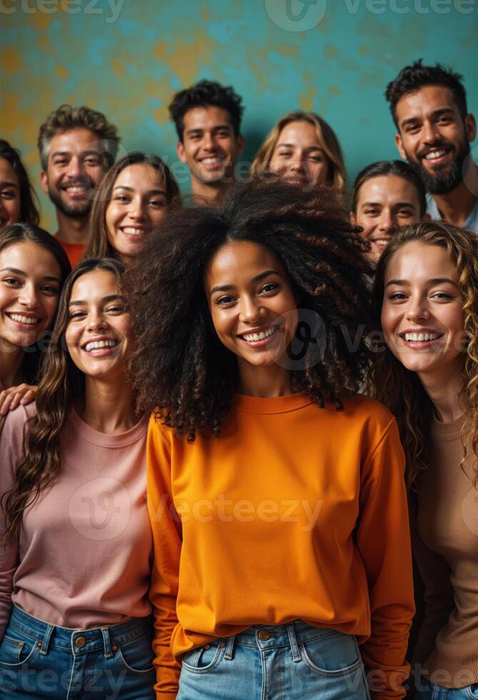 Diverse group of joyful people posing in vibrant studio settings, representing unity and inclusivity. photo