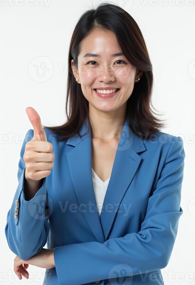 Confident asian businesswoman giving thumbs up, blue suit or blazer, isolated on white background. photo