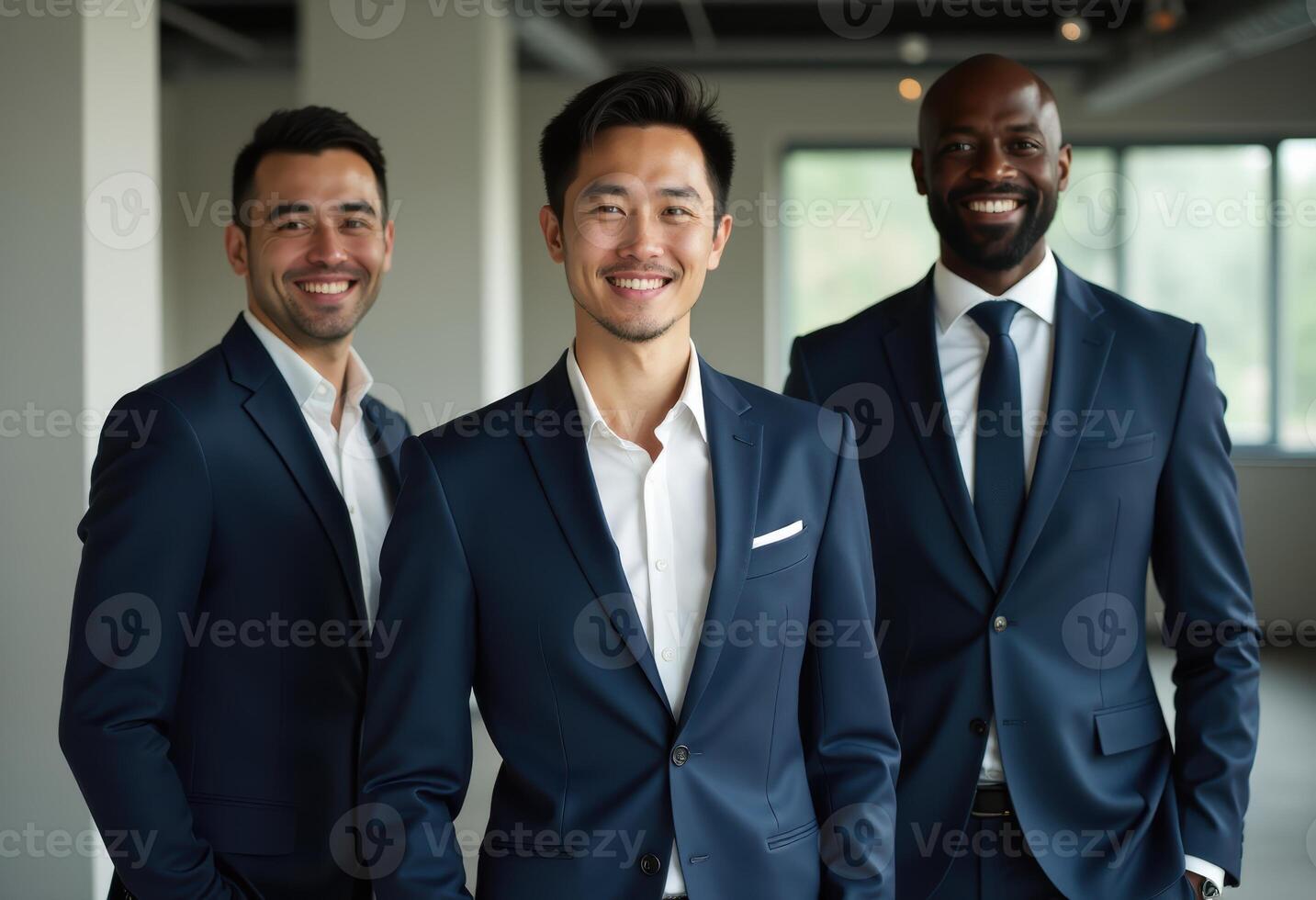 Racial diversity of businessmen, in suits standing together in a modern office environment, representing teamwork, and professional success. photo