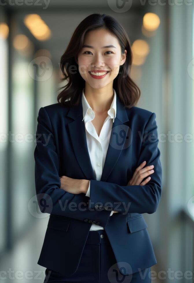 Hire best job candidate asian woman. Confident businesswoman in a navy suit smiles while standing in a modern office environment, exemplifying professionalism and leadership. photo