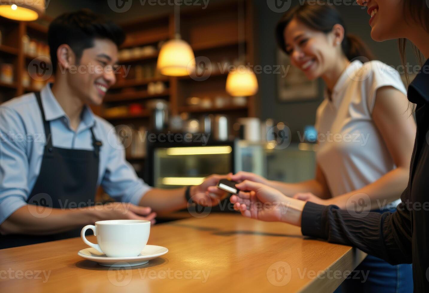 A smiling asian barista receives a credit card payment from a customer in a cozy coffee shop, with a cup of coffee in the foreground. photo