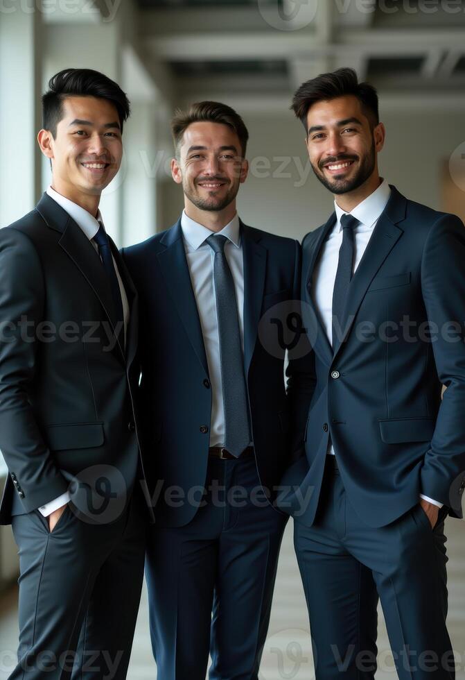 Racial diversity of businessmen, in suits standing together in a modern office environment, representing teamwork, and professional success. photo