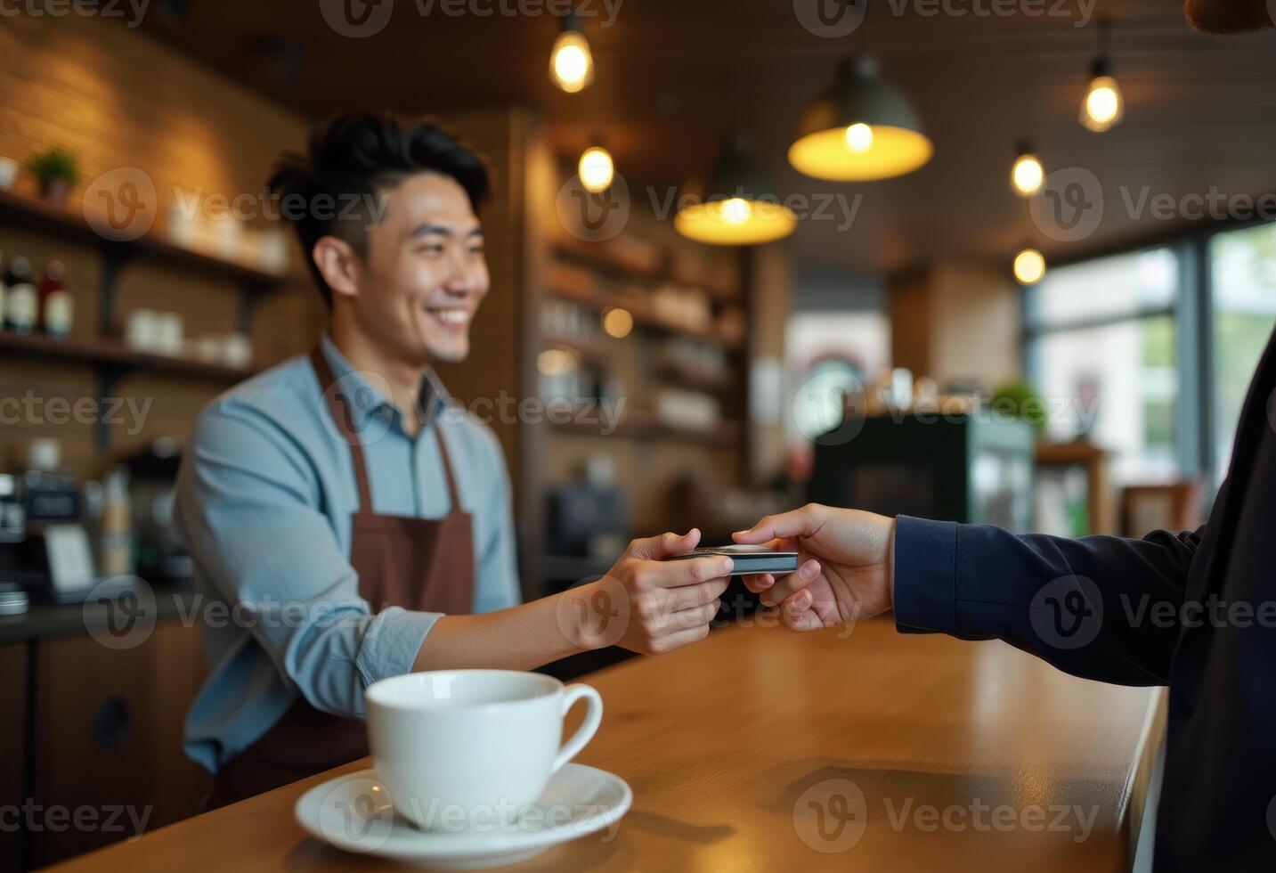 A smiling asian barista receives a credit card payment from a customer in a cozy coffee shop, with a cup of coffee in the foreground. photo