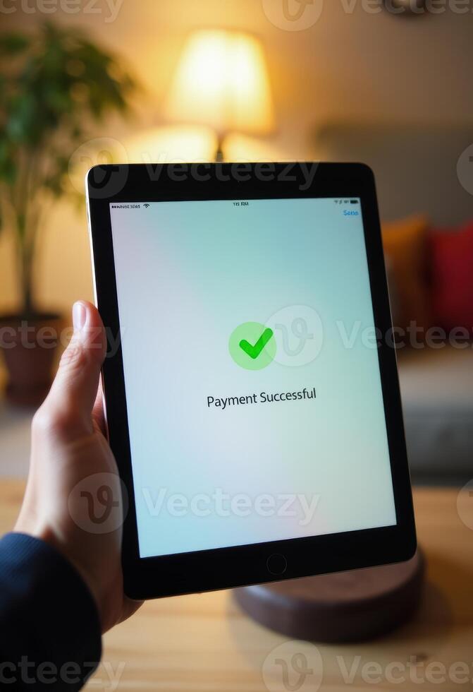 Payment successful confirmation on tablet screen, indicating the completion of an online transaction. photo