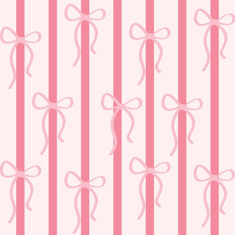 Coquette seamless pattern pink ribbon bow on striped background Trendy aesthetic pattern drawing vector