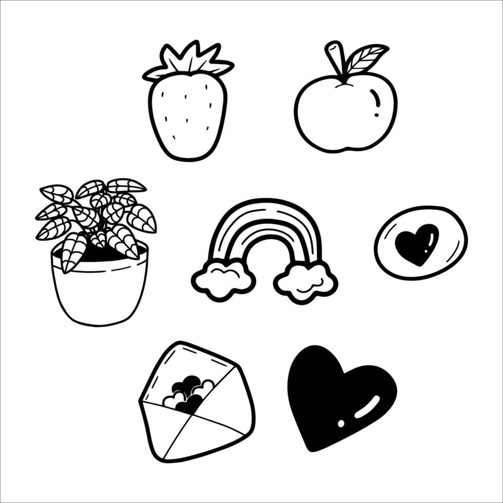 Simple, black and white handdrawn illustrations of plant and adorable icons vector