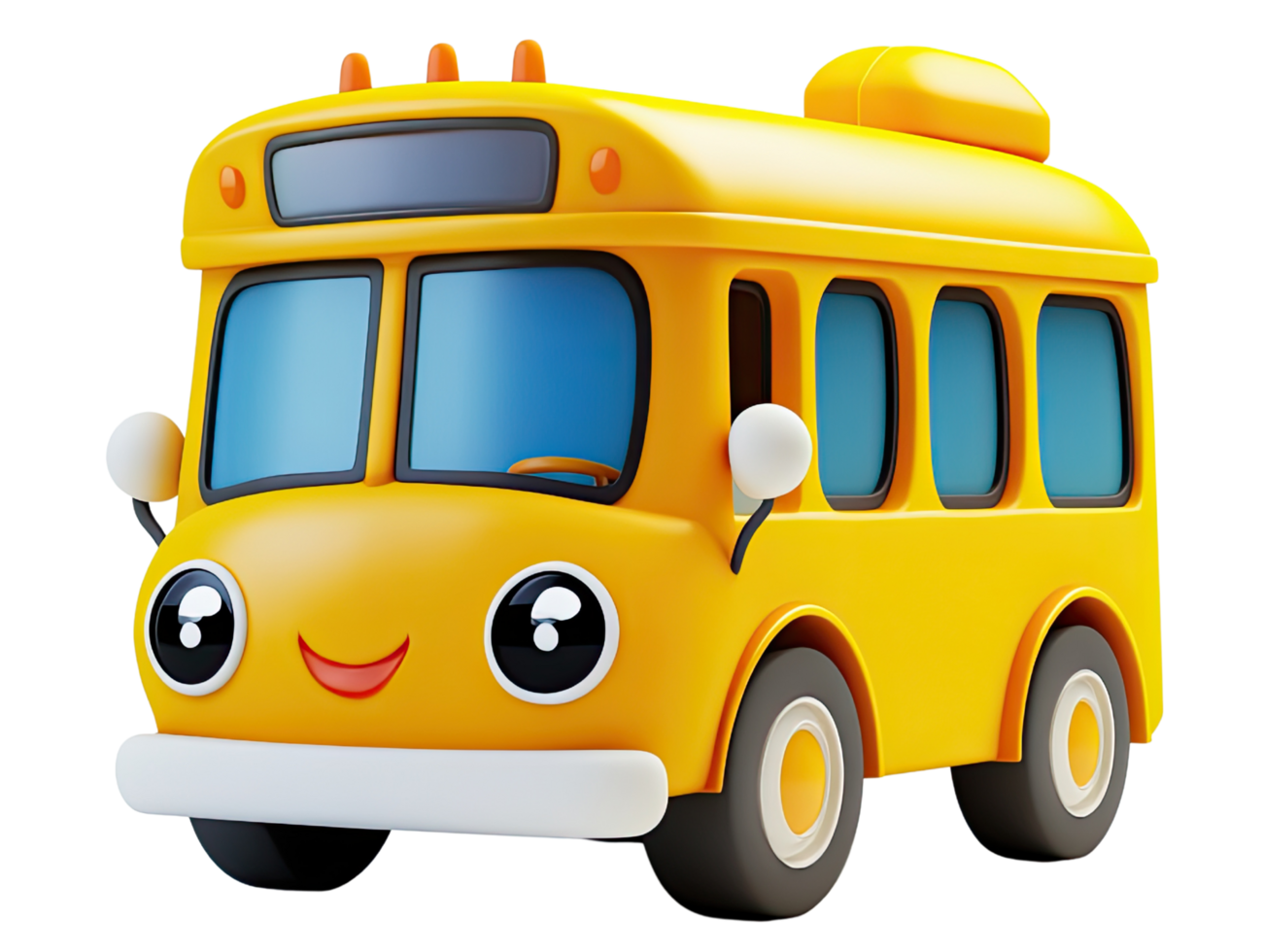 Cute 3D Render of a Stylized Yellow School Bus with happy face isolated on transparent background png
