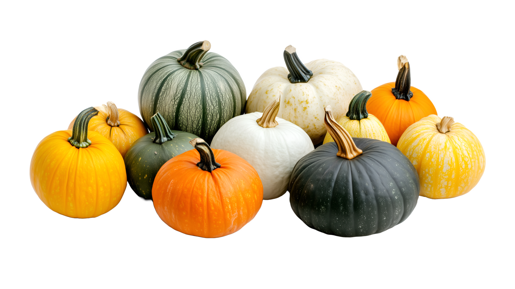 group of pumpkins in various shape, color and size. Halloween Concept. png