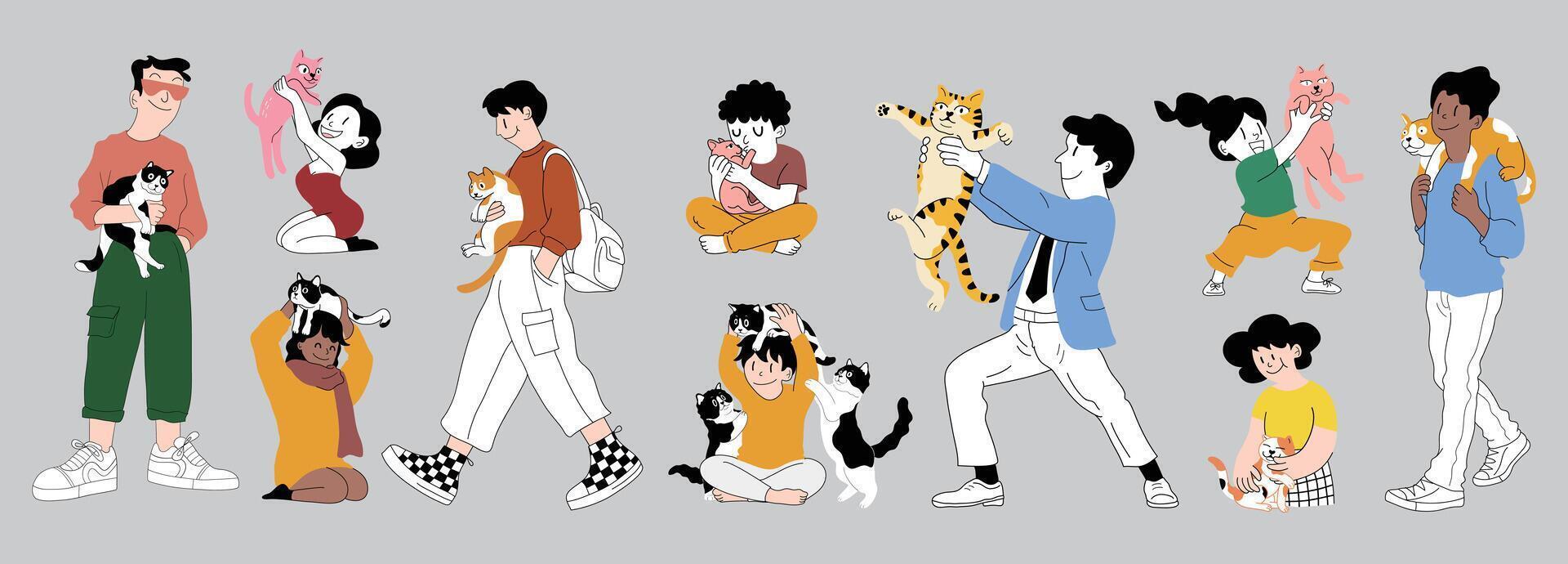 Set of People with their cats, Cat lovers, pet owner loving and holding cute cat in hands vector