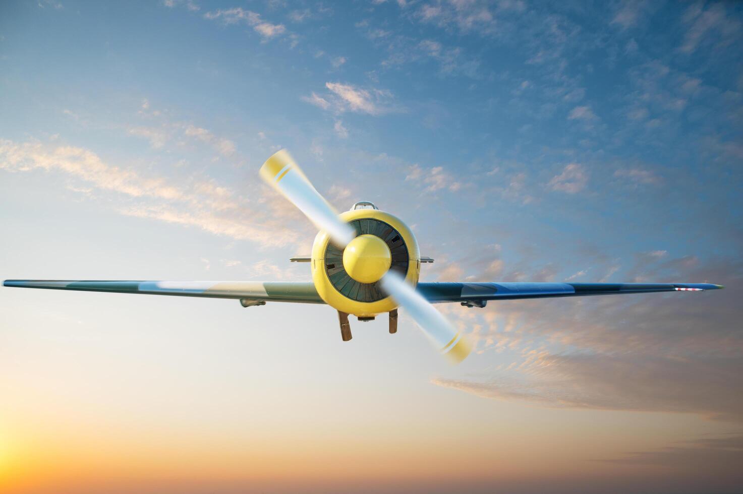 Small aircraft flying above in the blue sky photo