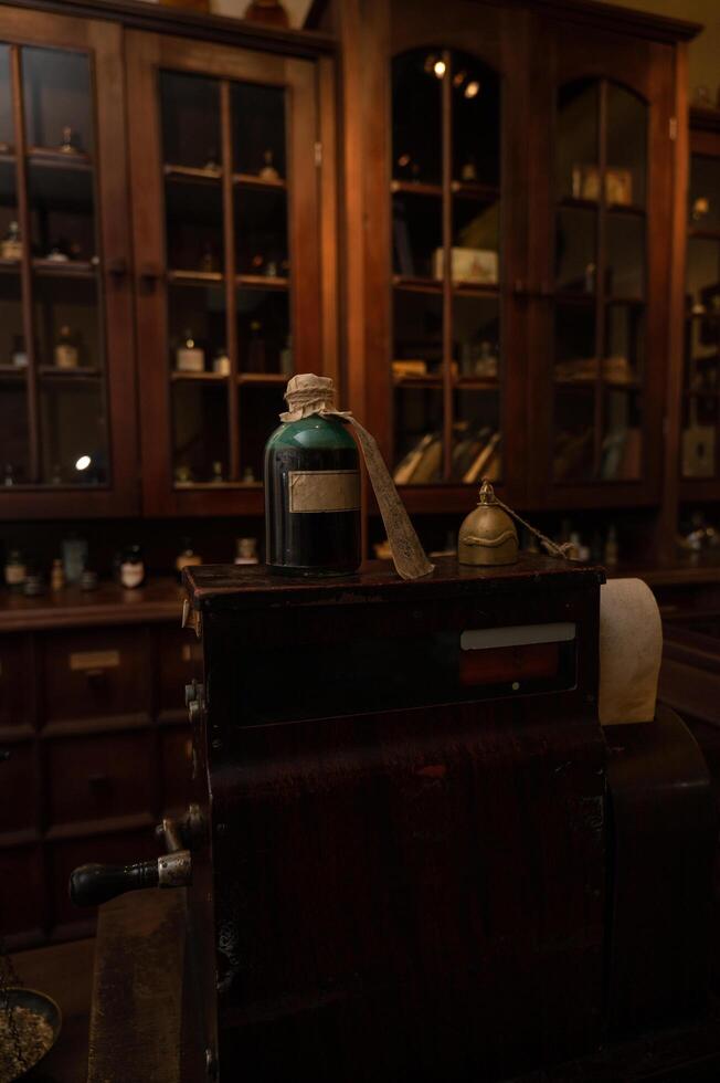 Scent bottles in old pharmacy photo