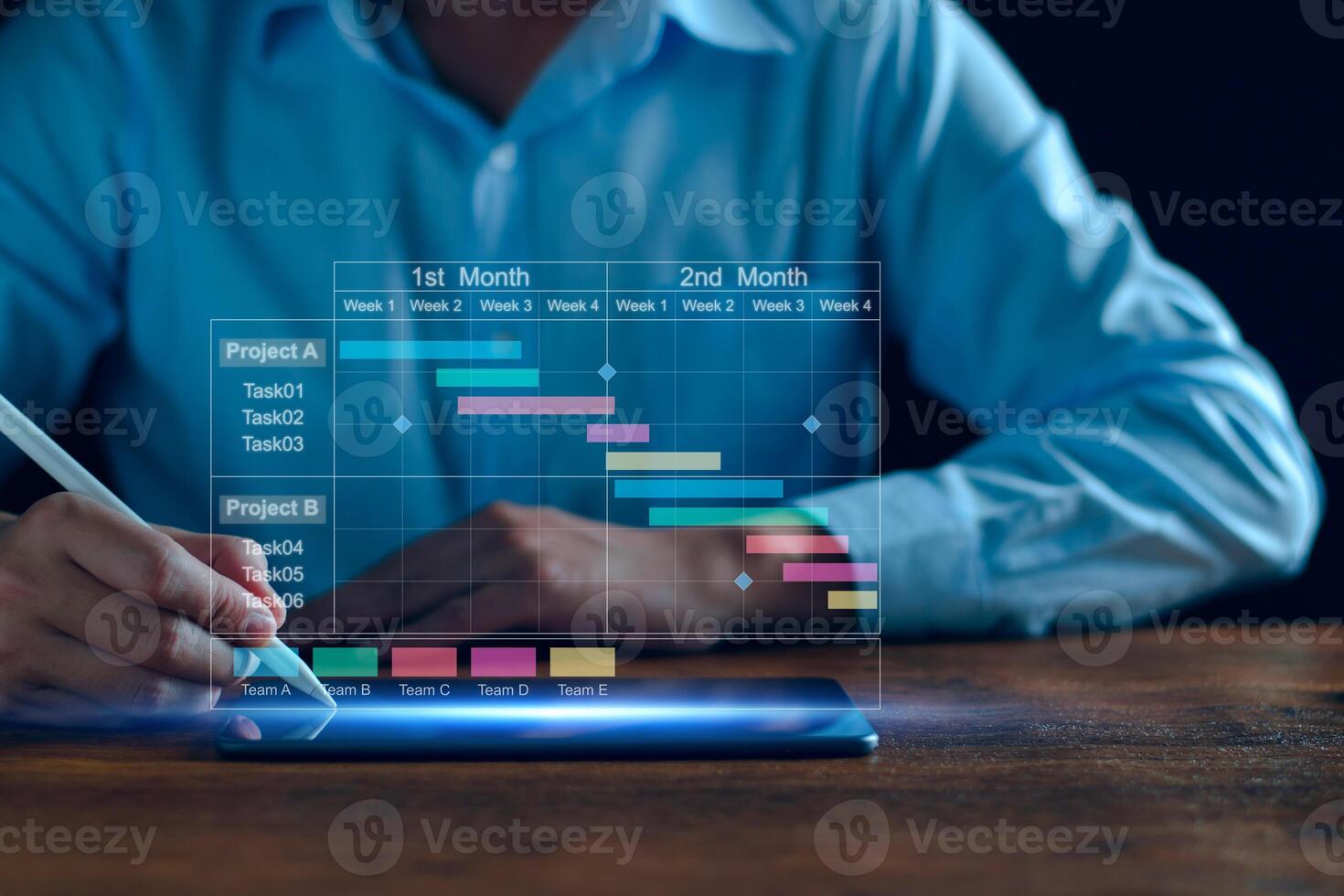 Project manager working on tablet and updating tasks and milestones progress planning with Gantt chart scheduling interface for company on virtual screen. Business Project Management System. photo