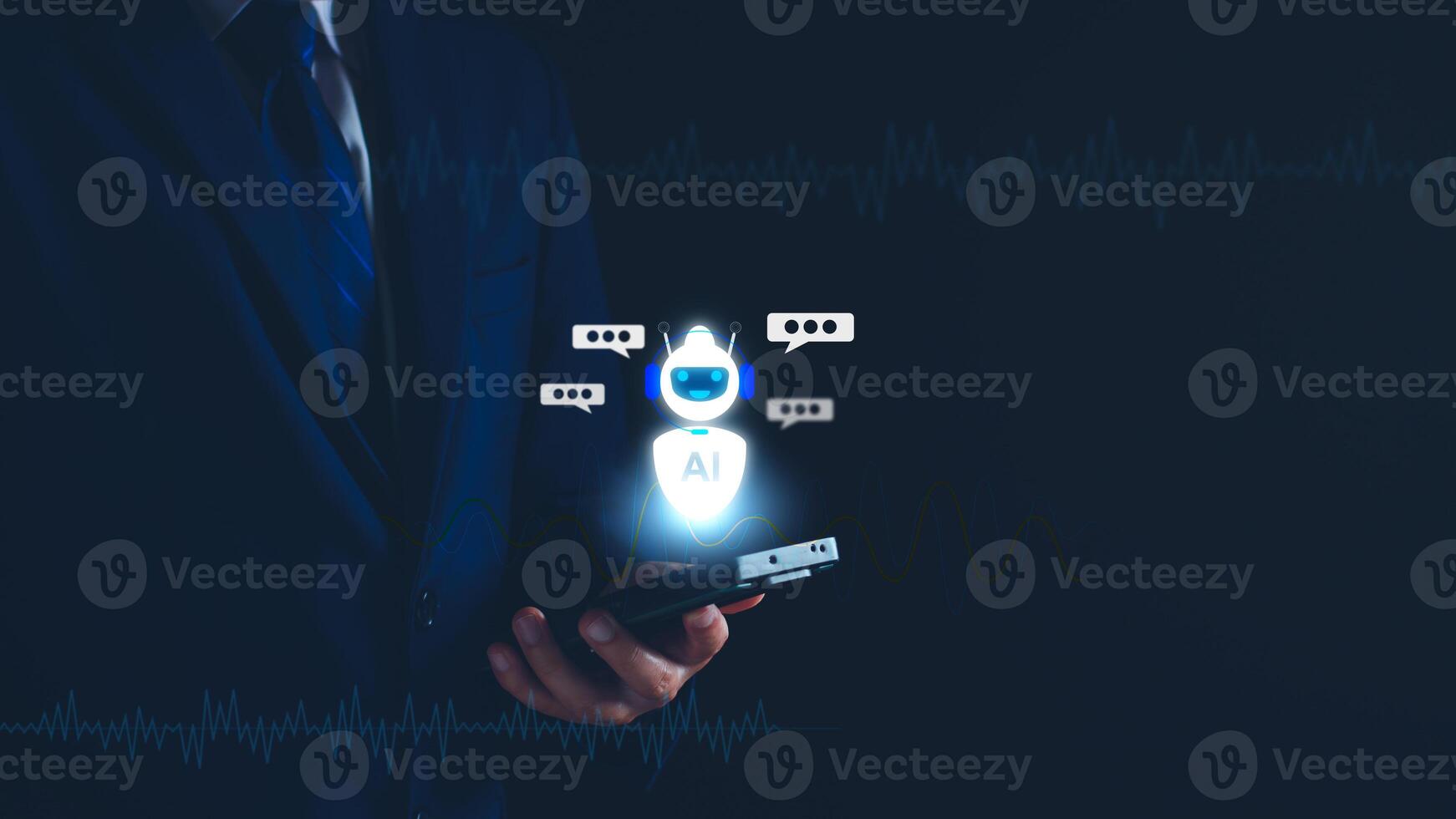 Chatbot concept. open AI, Artificial Intelligence. businessman using technology smart robot AI, enter command prompt, contact for business information analysis, Futuristic technology transformation. photo