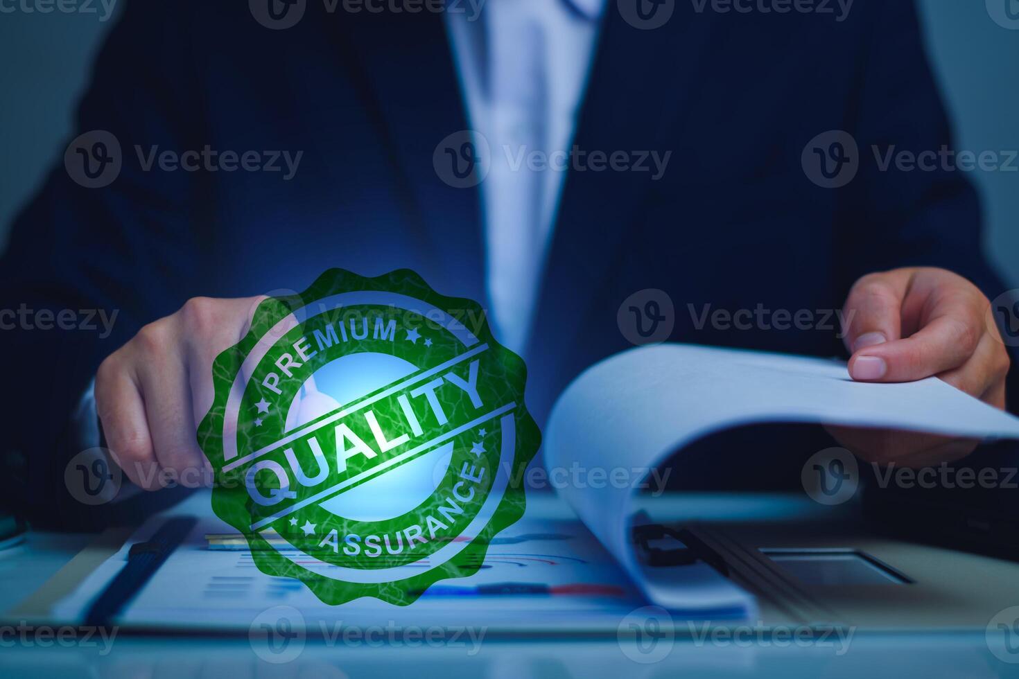 Quality Assurance Concept. Business people show high quality assurance mark, good service, premium, digital signature, premium service assurance, excellence service, high quality, excellence guarantee photo