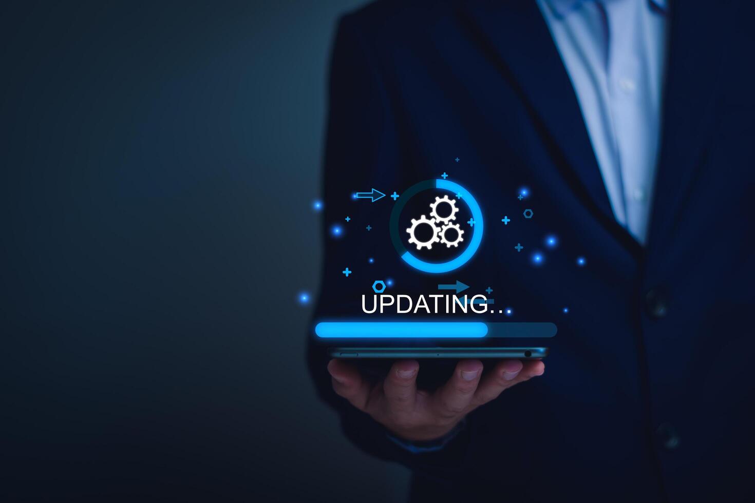 Operating system upgrade concept, installation app and software update process, modernize user equipment, update modern functions, developer released new version Improved security. User is downloading photo