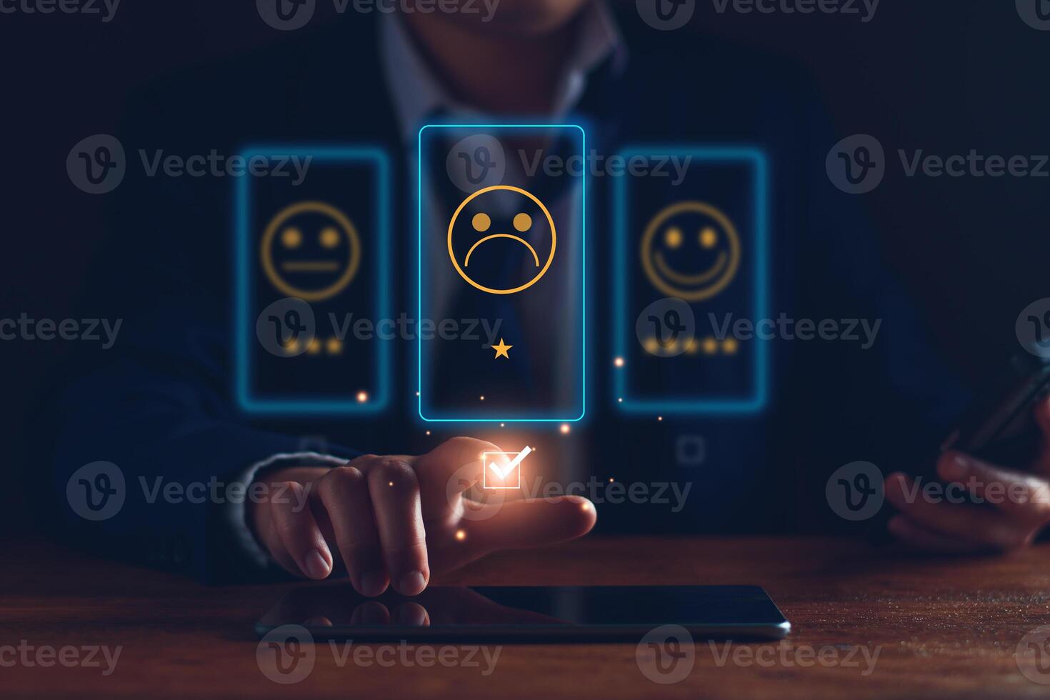 Bad service concept. Customer rating low satisfaction, unhappy customer, poor service, dissatisfied product, substandard product, negative face icon. Online satisfaction survey via virtual screen. photo