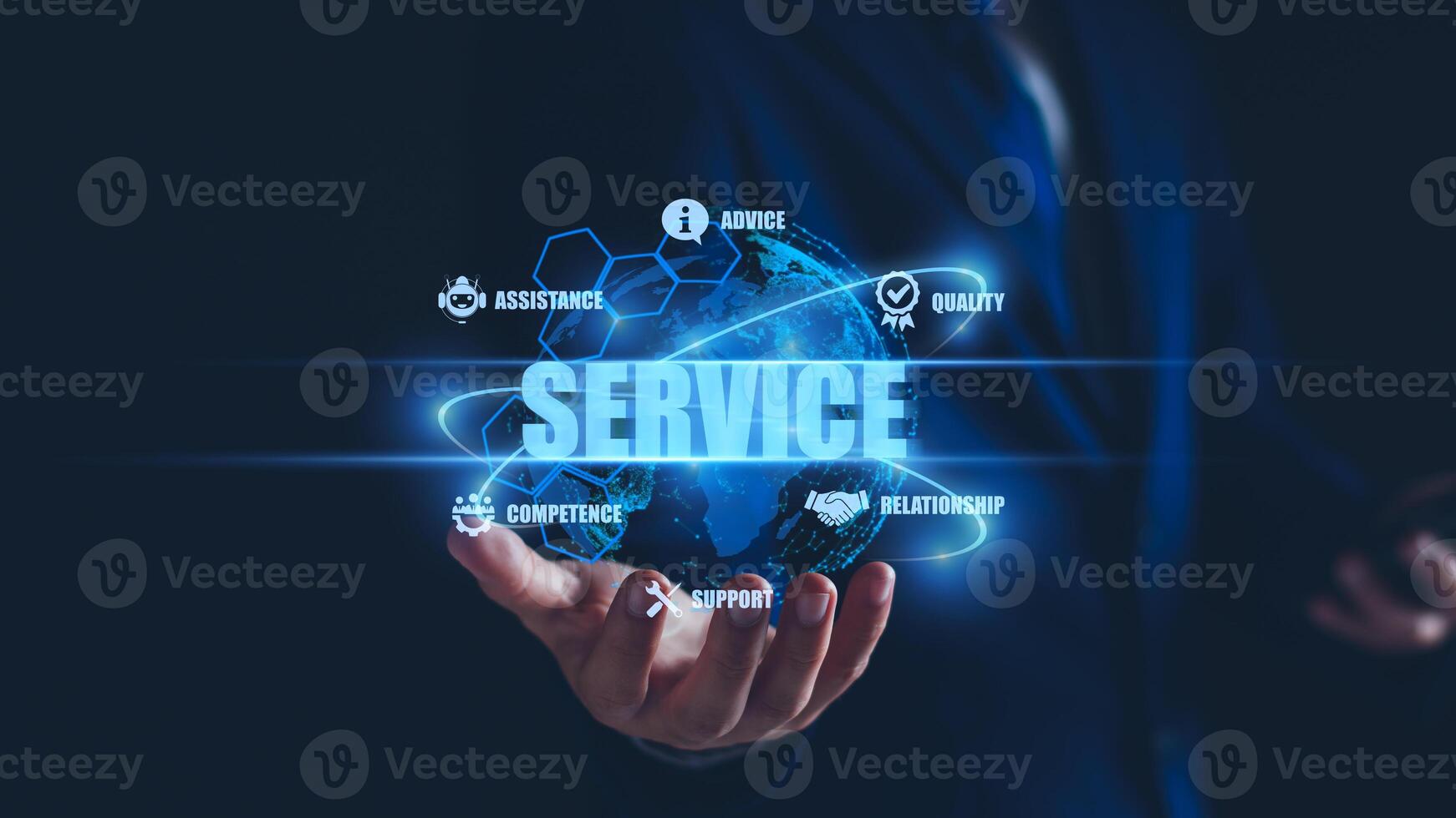 Business service online digital technology. Businessman touching digital globe hologram. Quality business relationship. customer service advice and support. Technology robot assistance online services photo