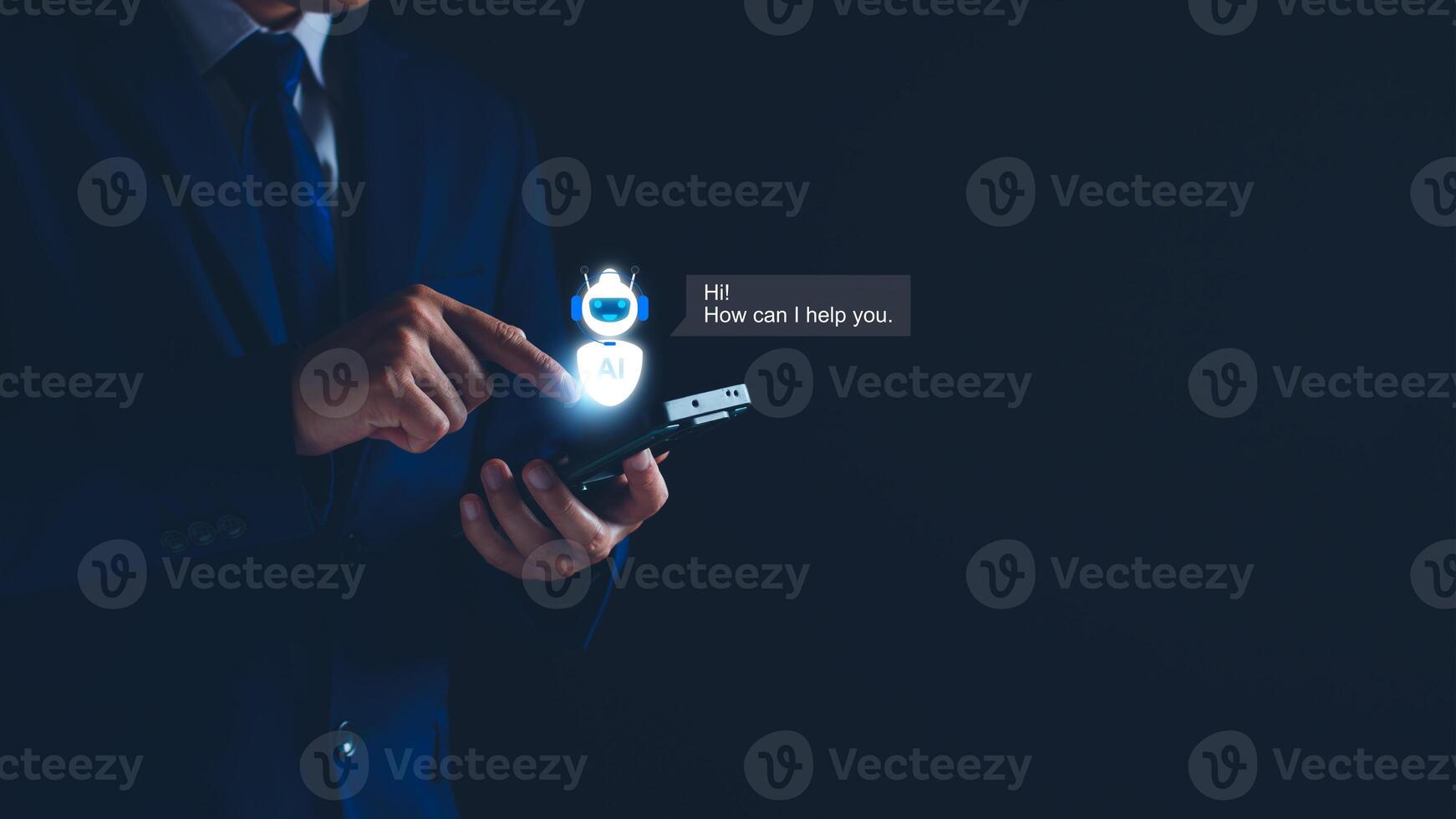 Chatbot concept. open AI, Artificial Intelligence. businessman using technology smart robot AI, enter command prompt, contact for business information analysis, Futuristic technology transformation. photo