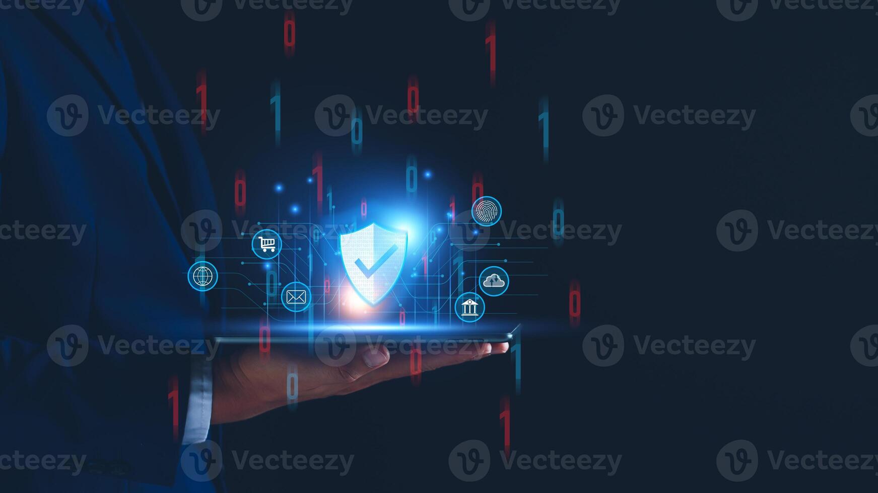Network security system. Personal Data information on Tablet. Information and cyber security Technology Services. Internet Technology. Digital data protection. Cyber Padlock security application. photo