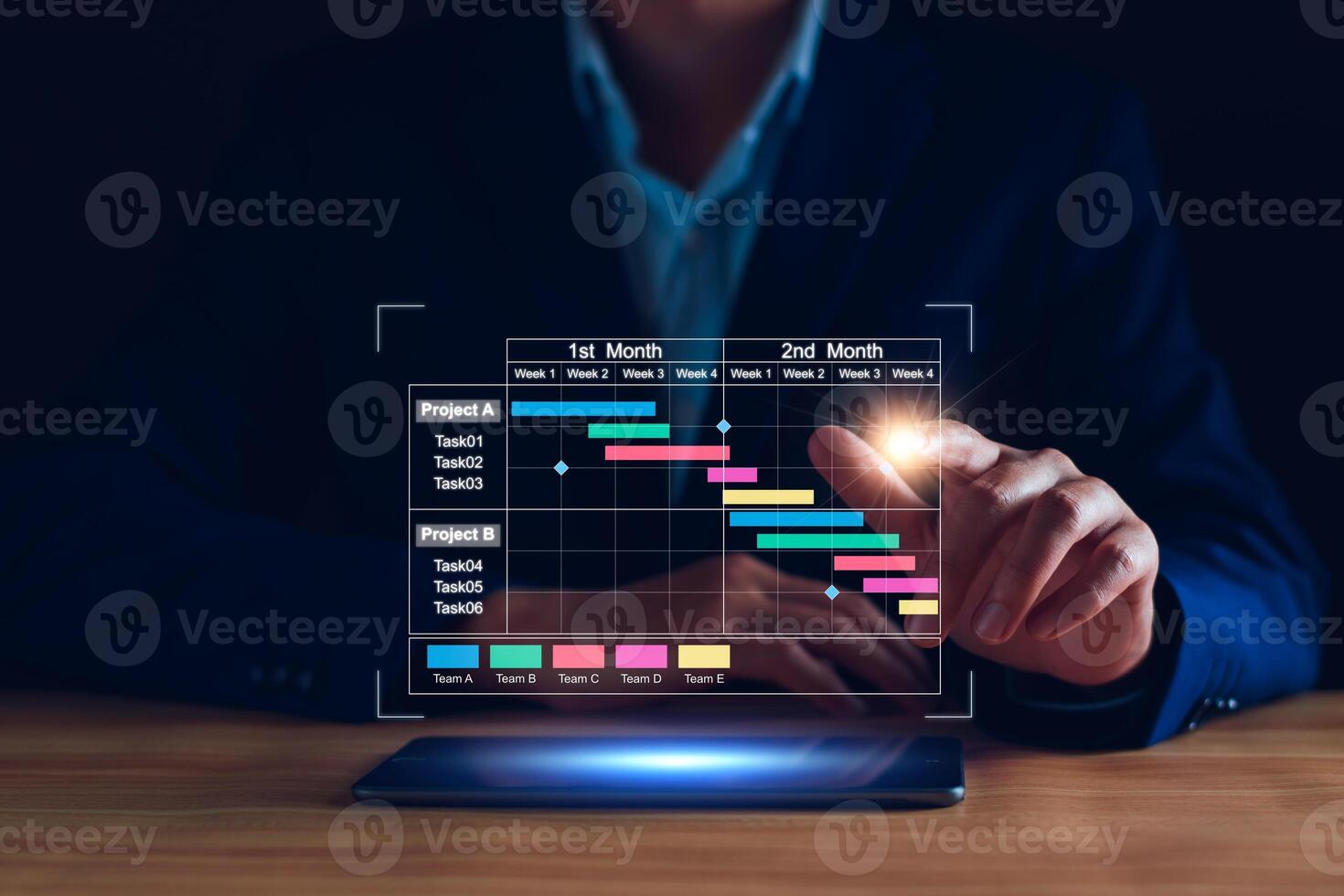 Project manager working on tablet and updating tasks and milestones progress planning with Gantt chart scheduling interface for company on virtual screen. Business Project Management System. photo
