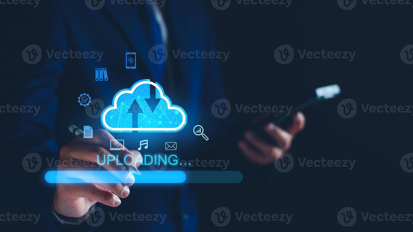 Data upload to cloud storage computing concept. Man using smartphone and computer to upload and download business information, media files. Cloud computing technology, intelligent storage on Internet. photo