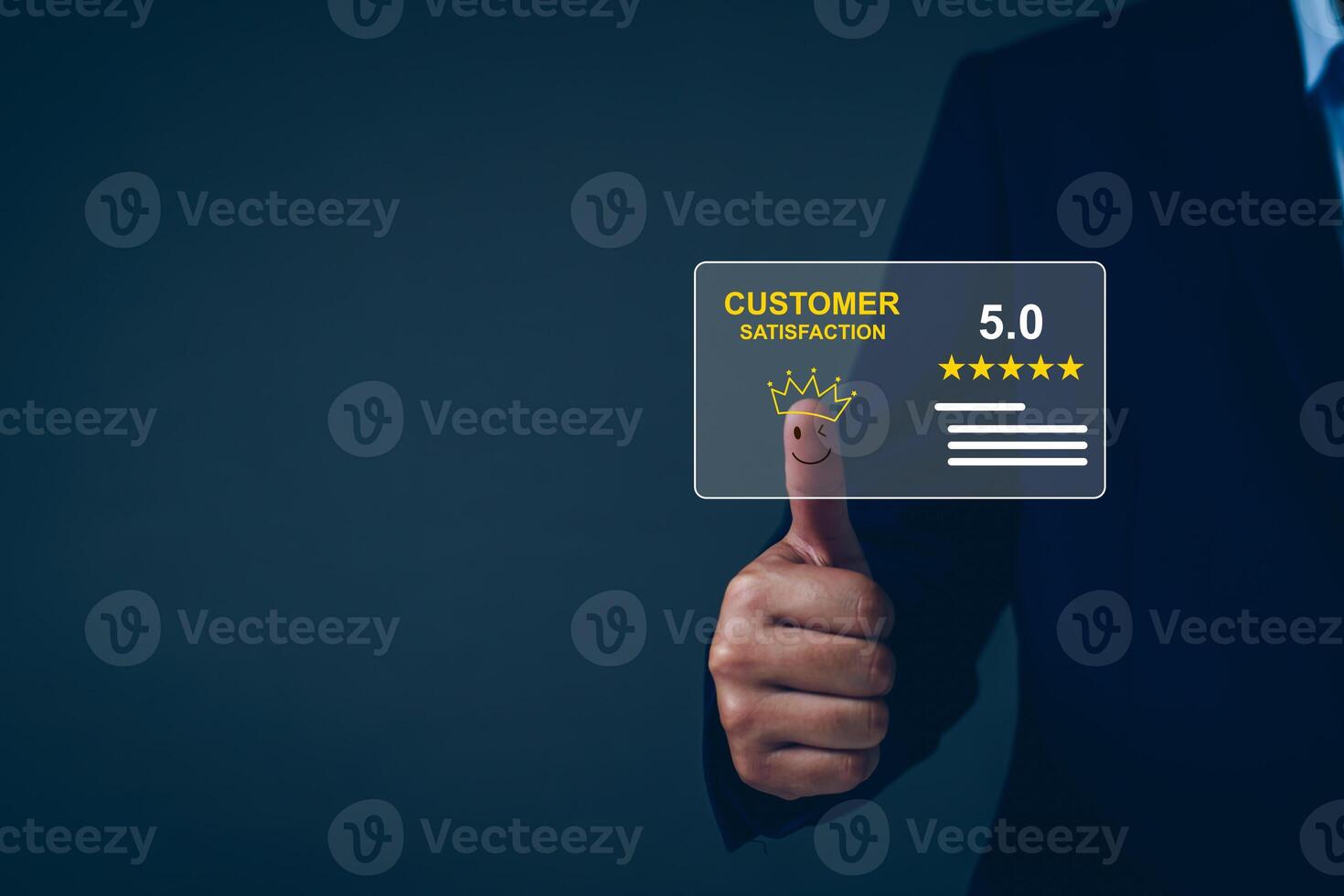 Customer service and Satisfaction ,business man giving Feedback satisfaction. five stars Positive Review. Client Satisfaction Surveys, good, five stars, best product and service. Excellence guarantee. photo