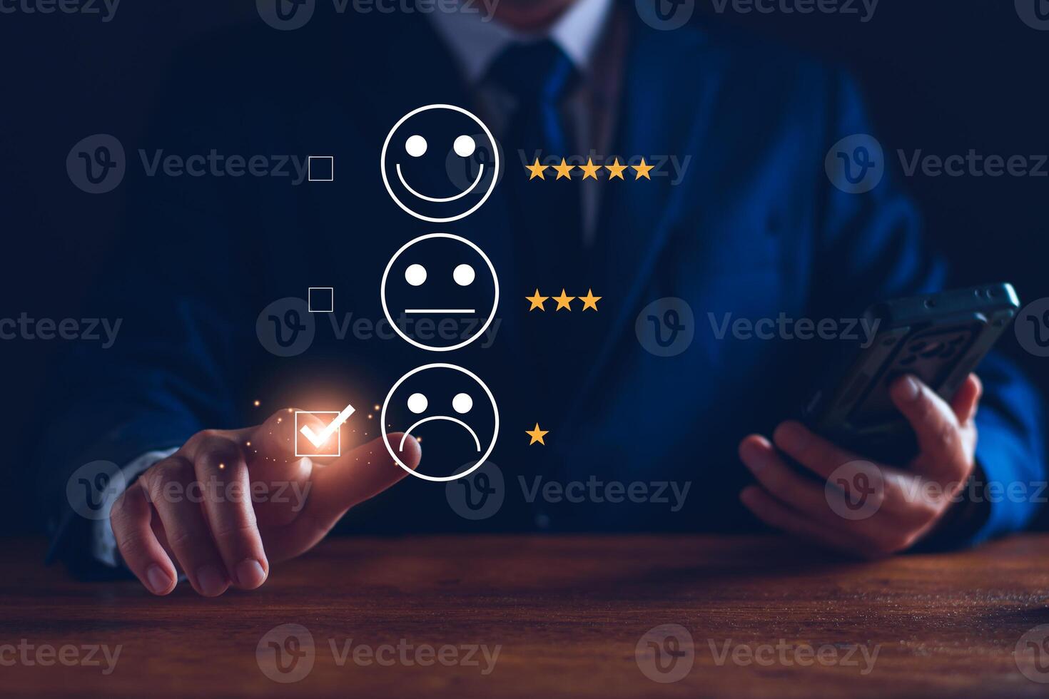 Bad service concept. Customer rating low satisfaction, unhappy customer, poor service, dissatisfied product, substandard product, negative face icon. Online satisfaction survey via virtual screen. photo