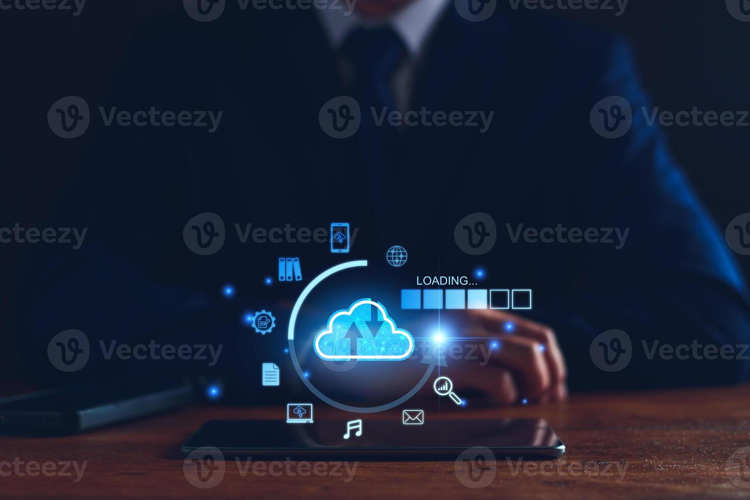 Data download from cloud computing concept. Man using smartphone and computer to download, upload business information, media files. Cloud computing technology, intelligent storage on Internet photo