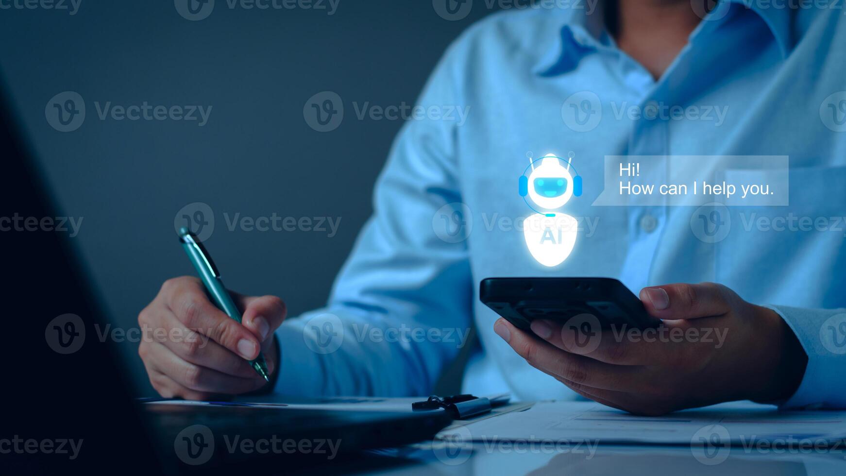 Chatbot concept. open AI, Artificial Intelligence. businessman using technology smart robot AI, enter command prompt, contact for business information analysis, Futuristic technology transformation. photo