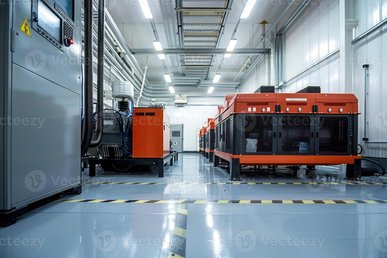 industrial generator room with two bright orange diesel generators in a modern factory setting. Concept power generation, energy backup systems, and advanced industrial infrastructure photo
