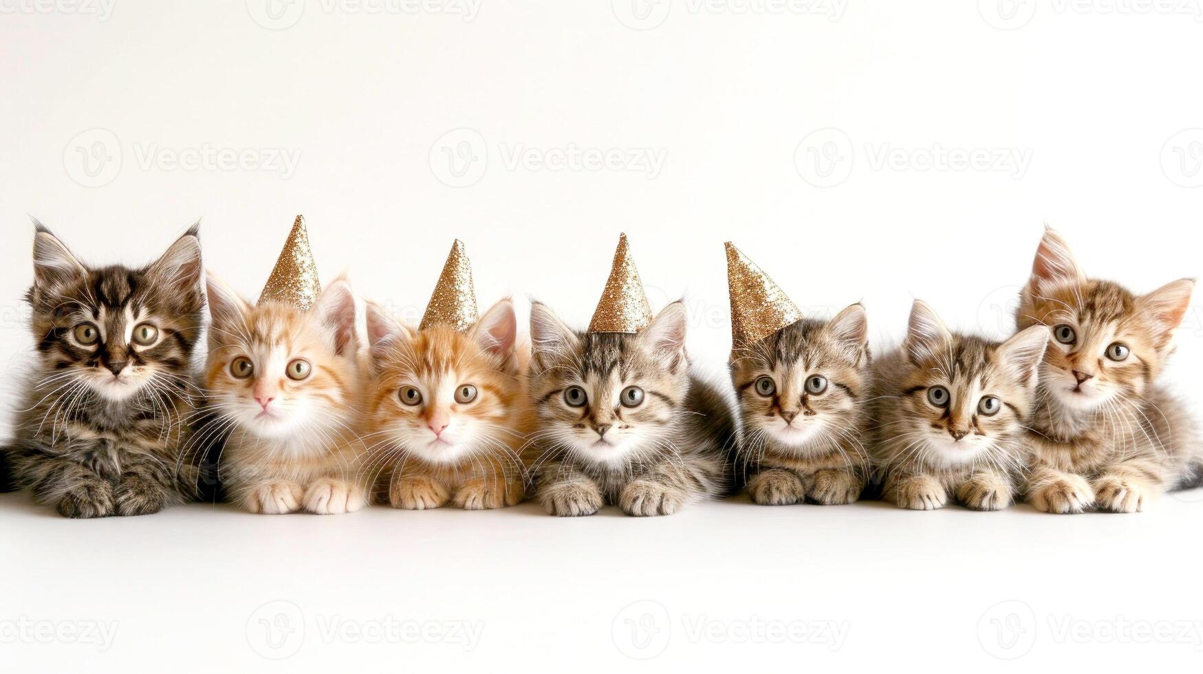 A row of funny kittens in party hats on a white background. Animals congratulate on a holiday, a sabbatical or a birthday. Banner with cute cats photo