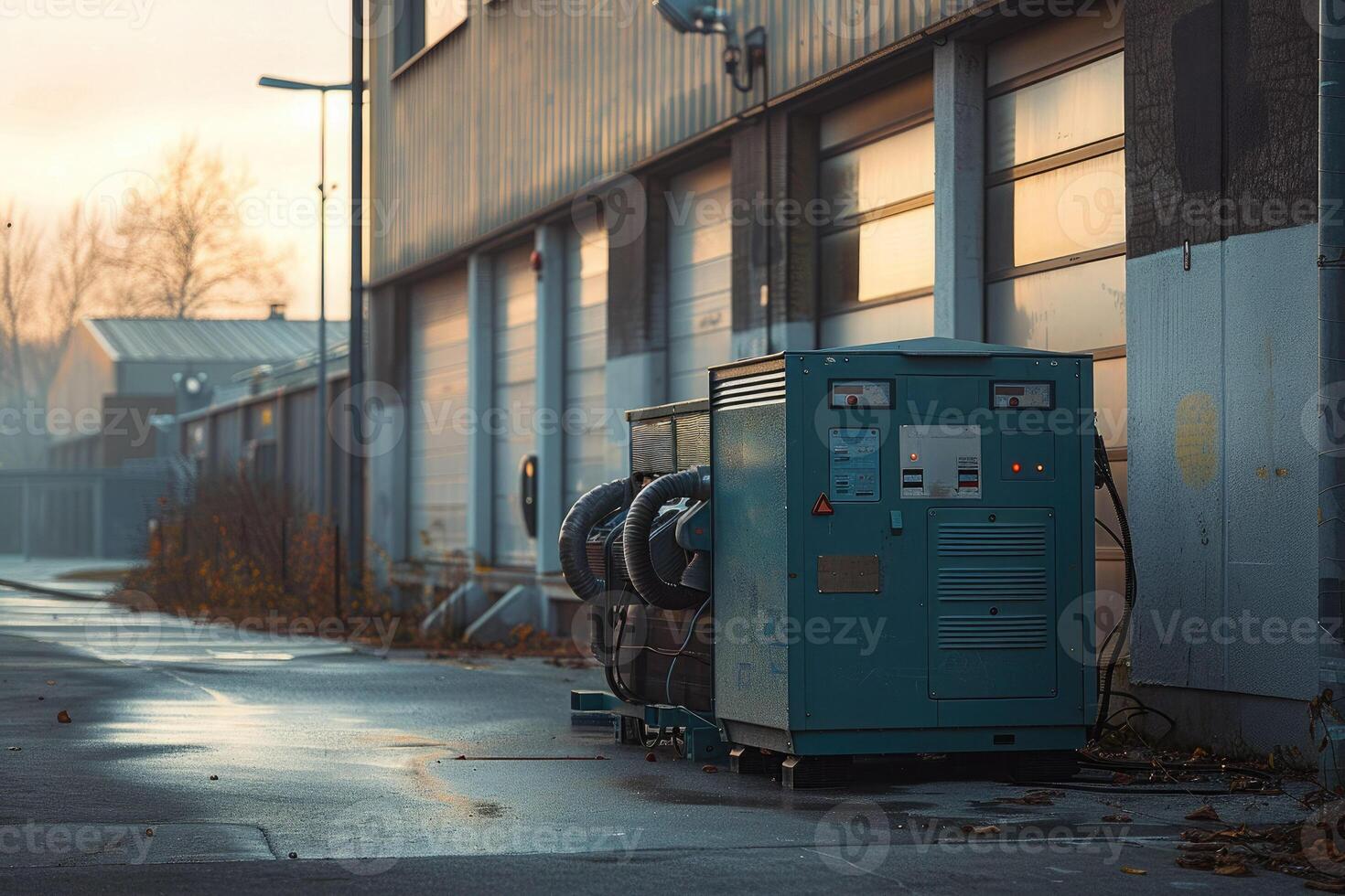 diesel generator on a city street, used as an emergency power source. Electrical supply, emergency preparedness and residential energy solutions in remote areas. photo
