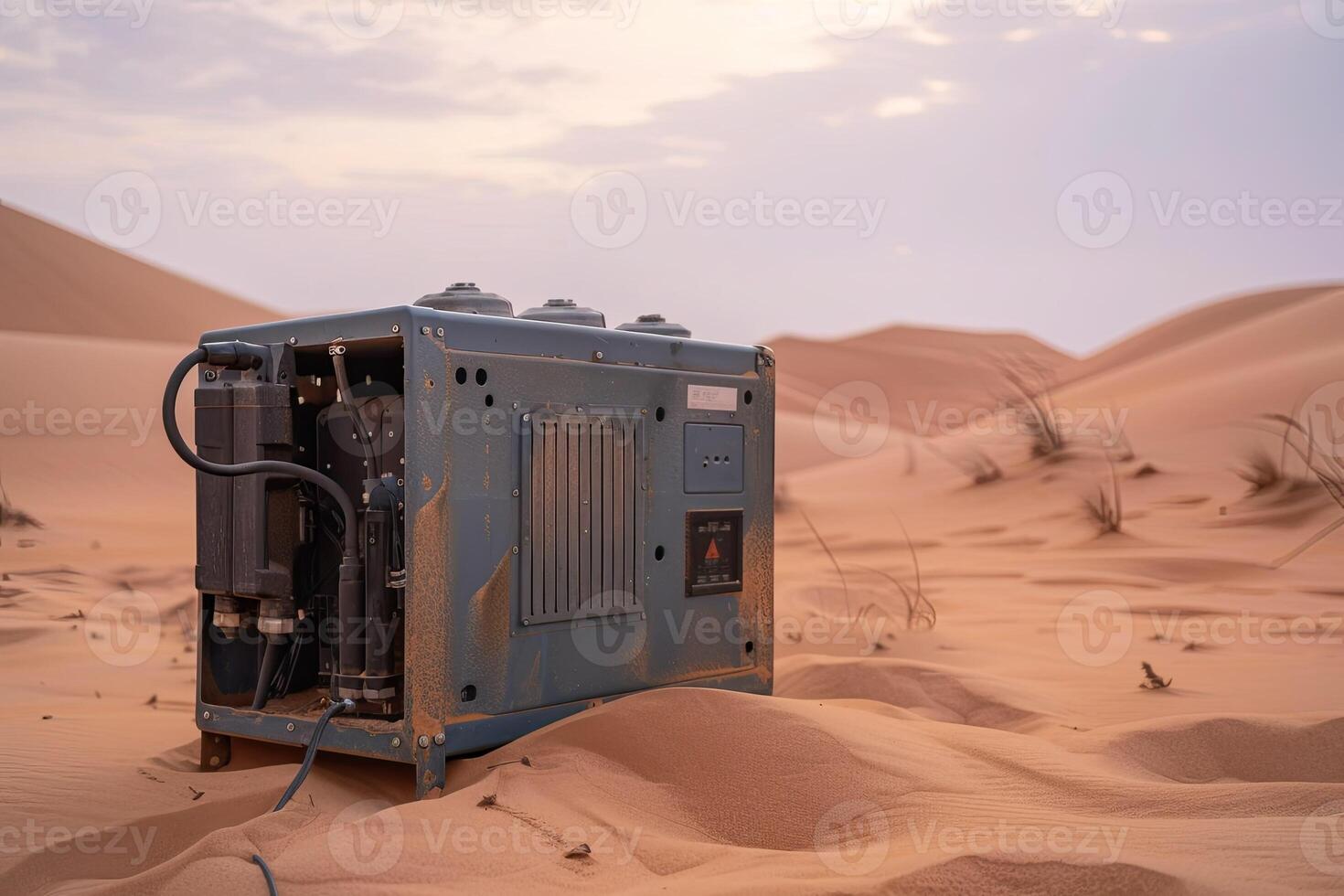 diesel generator located in sand dunes, contrast between industrial technology and nature. Concept of energy solutions in extreme or isolated places, autonomous power supply and survival scenarios photo