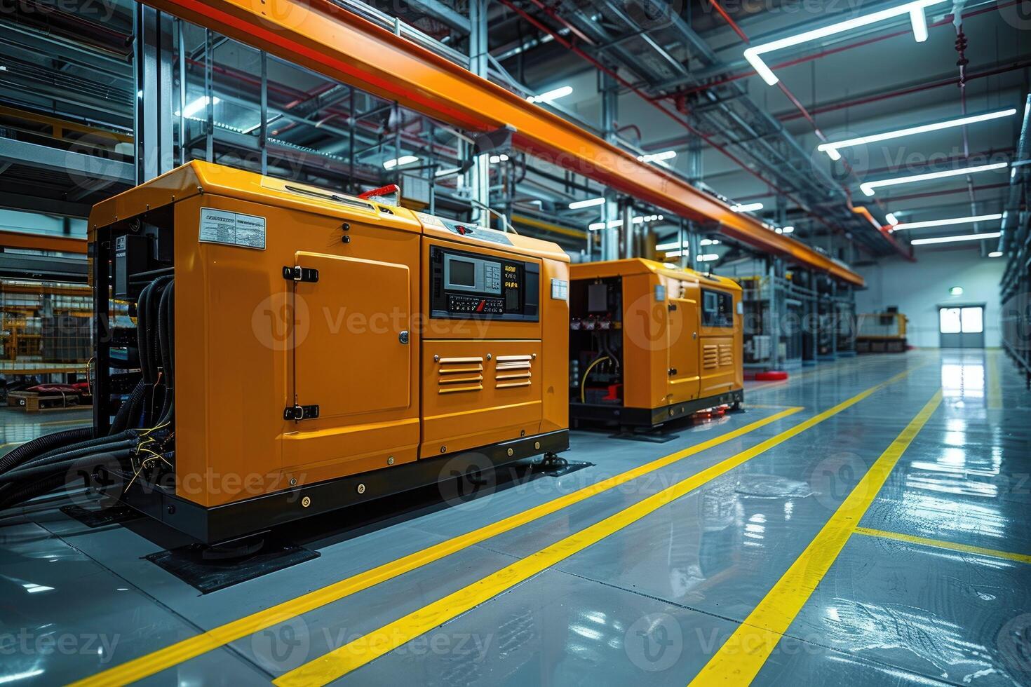 Industrial generator room equipped with modern backup diesel generators for emergency use, ensuring reliable power supply. photo