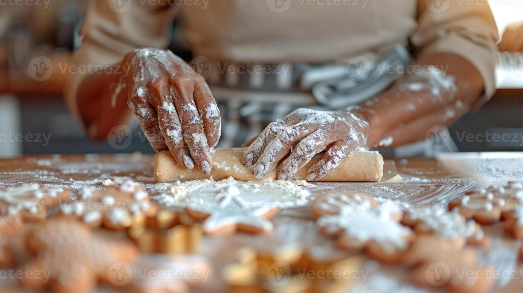 Close up of elderly African American woman's hands baking gingerbread cookies for Christmas on the counter. Lots of flour, dough and gingerbread cookie cutters on the table. Christmas winter baking. photo