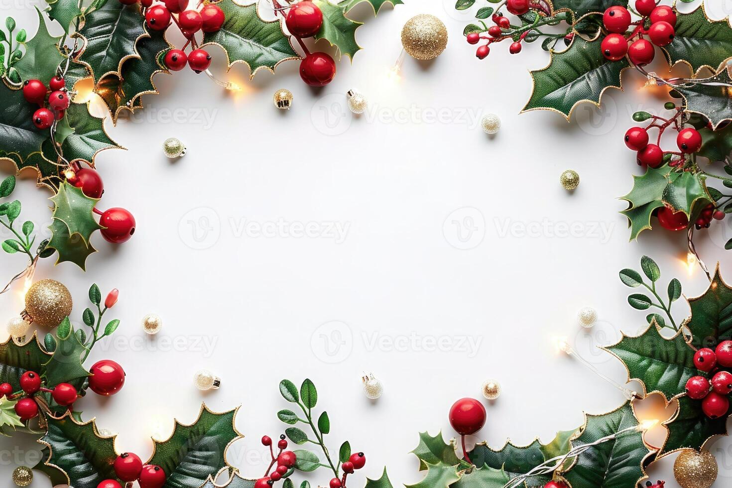 Festive winter Christmas frame with green leaves, red berries and garland lights on white background with copy space. New Year background for greetings, invitations and advertising promotion photo