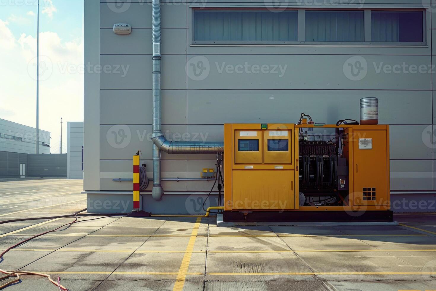 Industrial industrial building with diesel generator on the street, used as power supply, emergency power source. Emergency Power Preparedness and Solutions photo