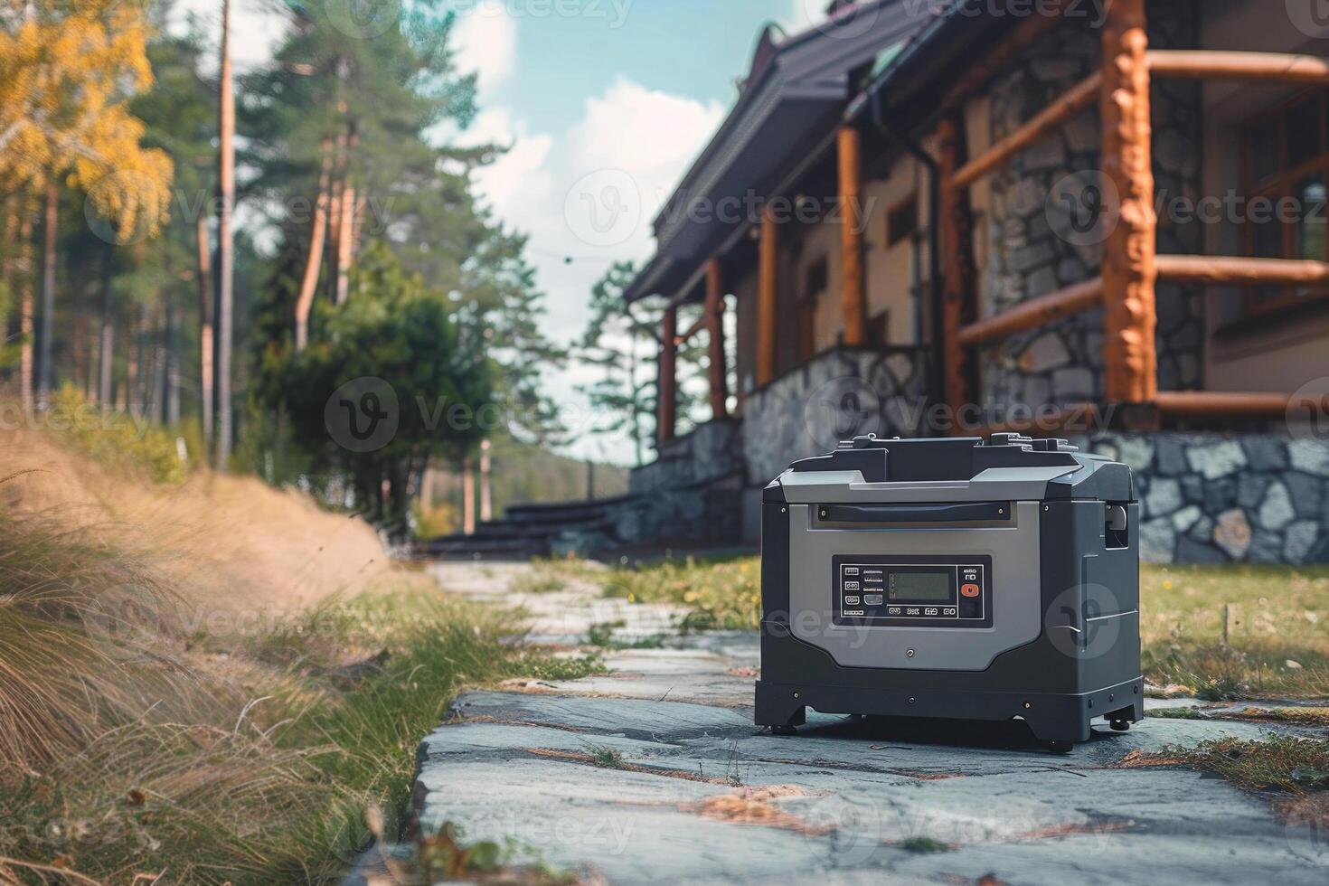 Rural country landscape with a diesel generator used as an emergency power source, electricity supply. Concept for emergency preparedness and indoor energy solutions photo