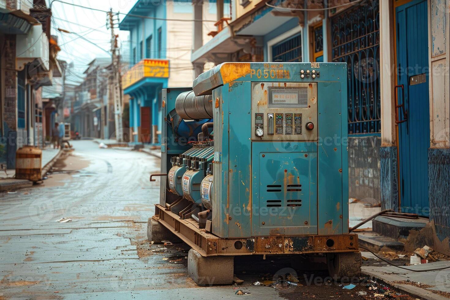Street scene with a diesel generator used as an emergency power source and electrical supply. Concept for emergency preparedness and solutions to energy supply problems photo